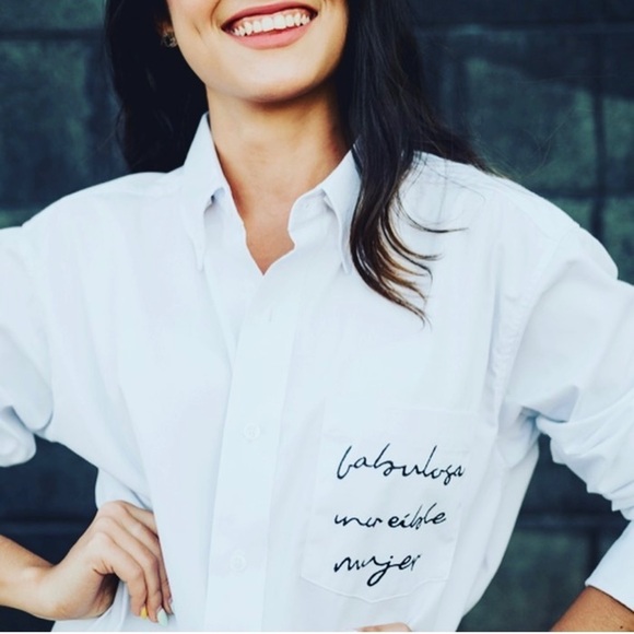 Button Down Shirt White Long Sleeve Chingona Mujer Mexicana Hand Painted Small - Picture 8 of 13